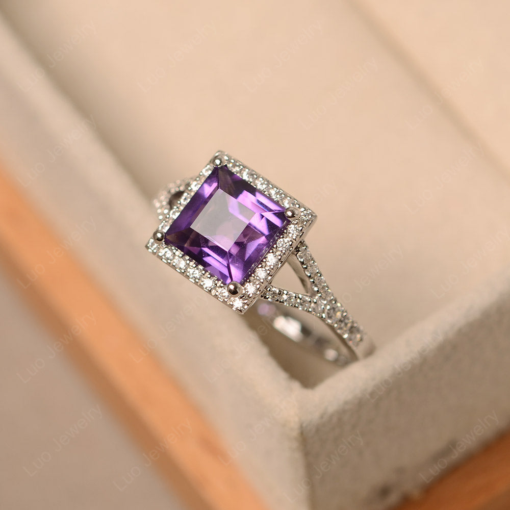 Square Cut Amethyst Ring Split Shank Halo Ring - LUO Jewelry