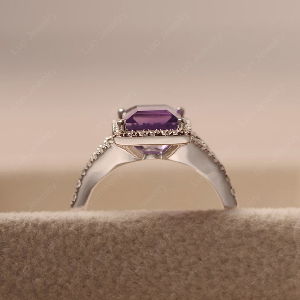 Square Cut Amethyst Ring Split Shank Halo Ring - LUO Jewelry