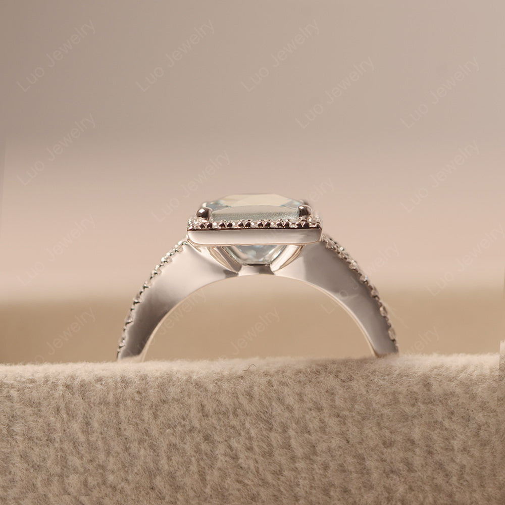 Princess Cut Aquamarine Ring Split Shank Halo Ring - LUO Jewelry