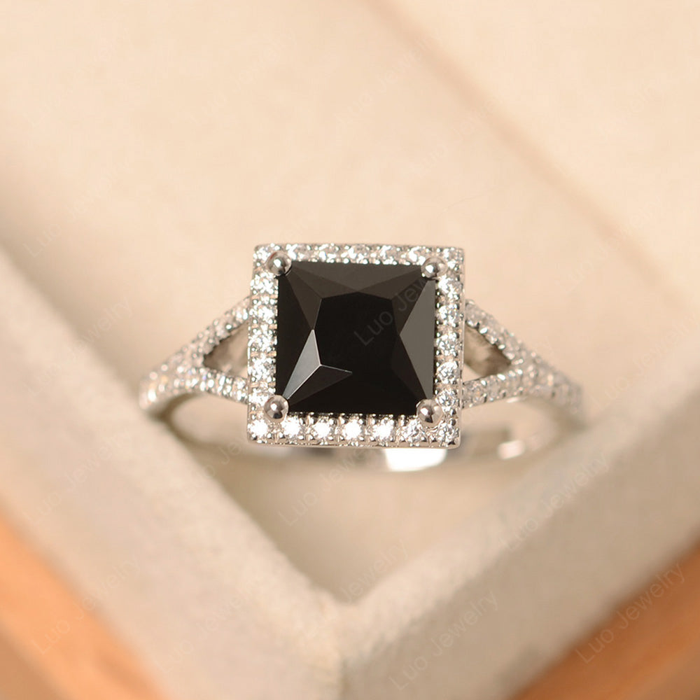 Princess Cut Black Spinel Ring Split Shank Halo Ring - LUO Jewelry