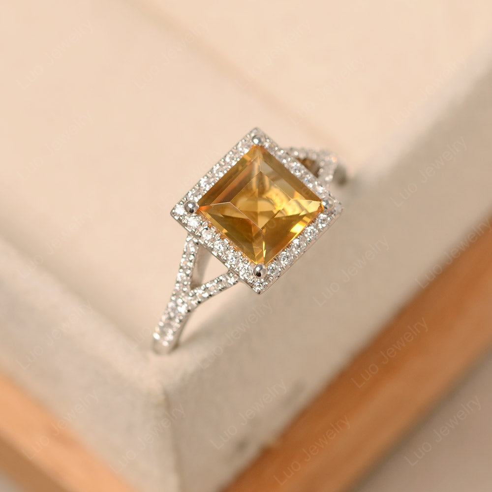 Square Cut Citrine Ring Split Shank Halo Ring - LUO Jewelry