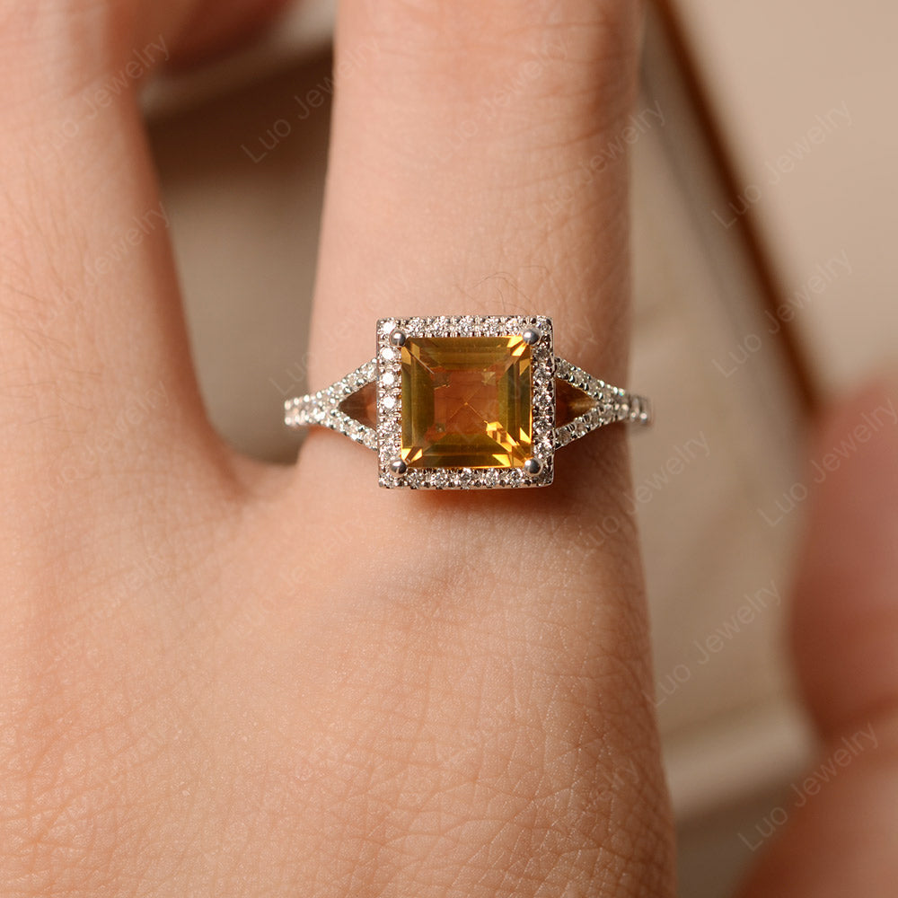 Square Cut Citrine Ring Split Shank Halo Ring - LUO Jewelry