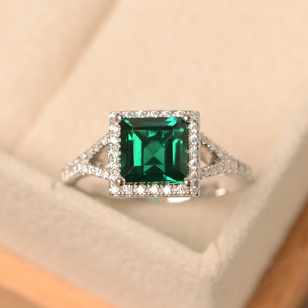 Square Cut Lab Emerald Ring Split Shank Halo Ring - LUO Jewelry