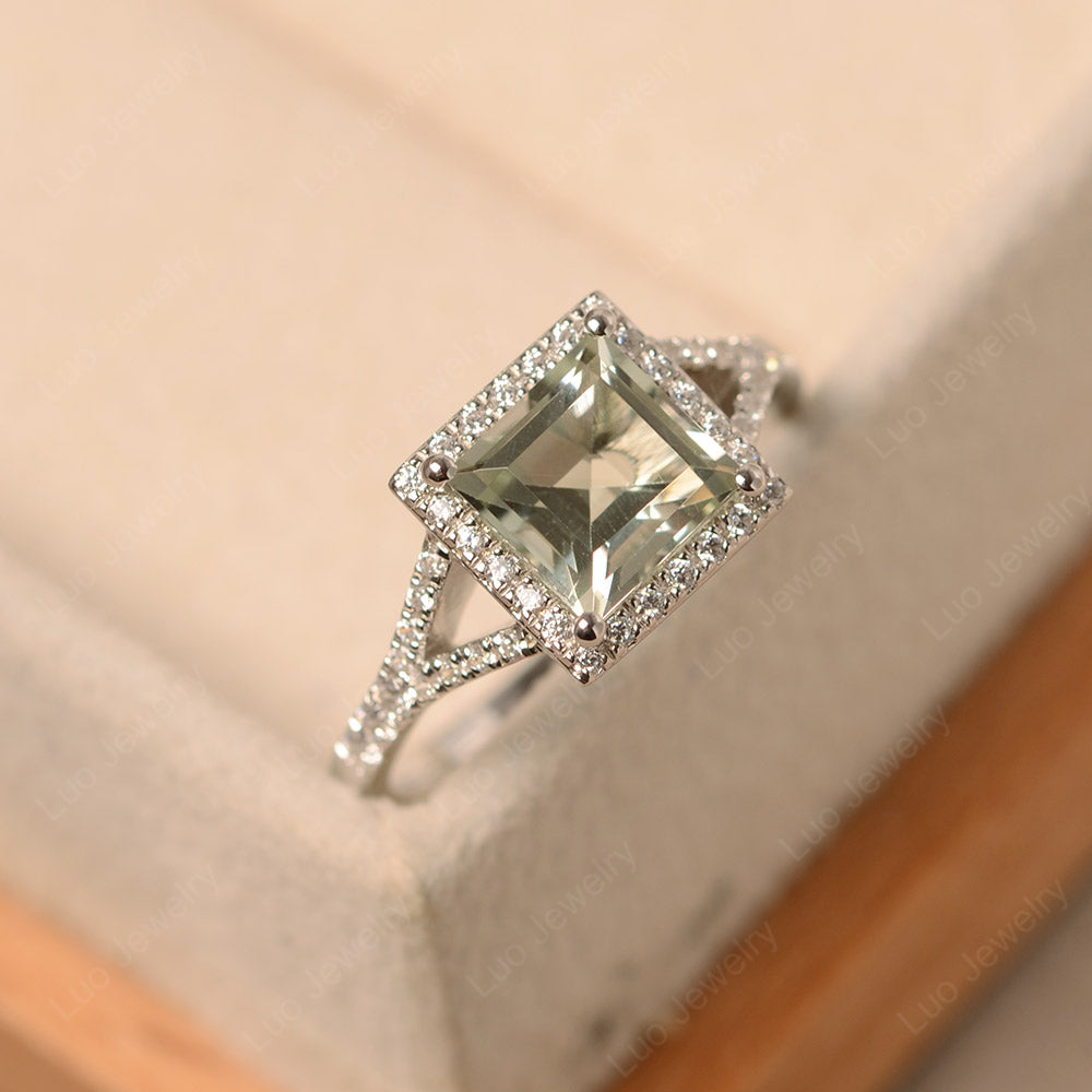 Square Cut Green Amethyst Ring Split Shank Halo Ring - LUO Jewelry