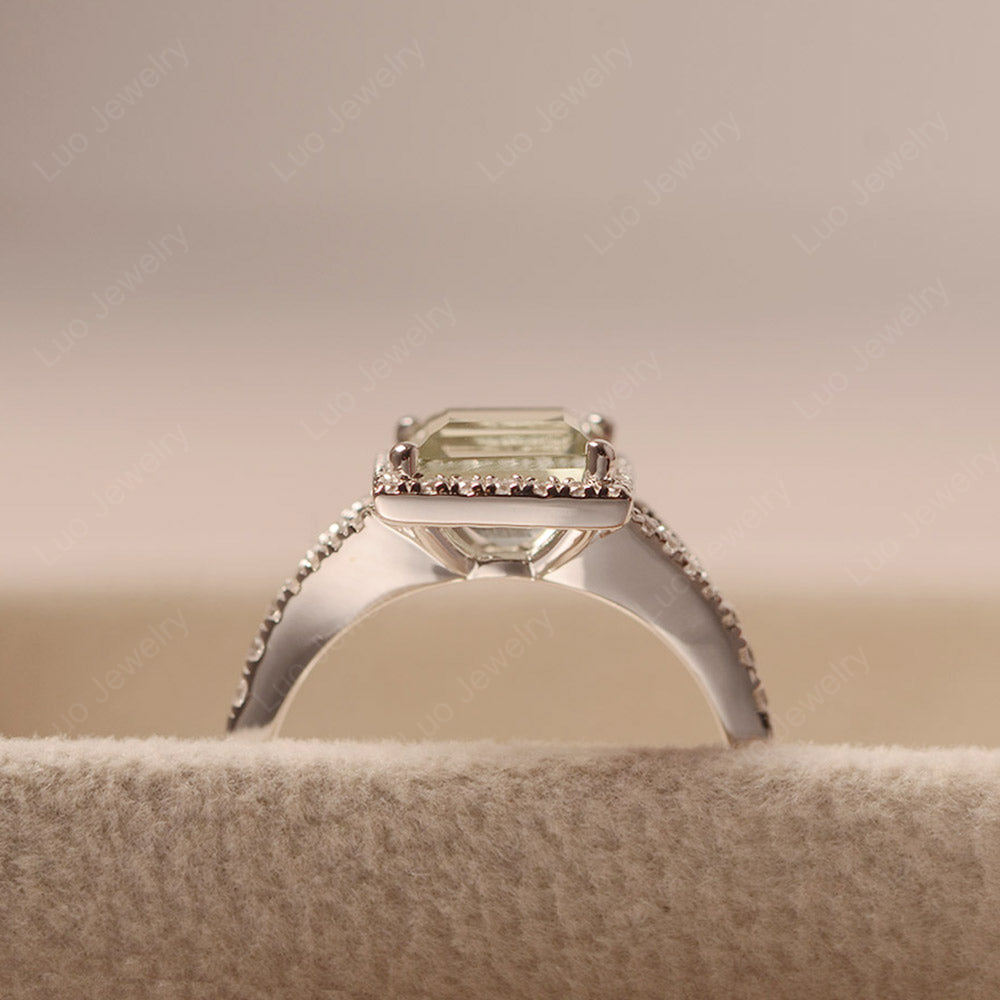 Square Cut Green Amethyst Ring Split Shank Halo Ring - LUO Jewelry