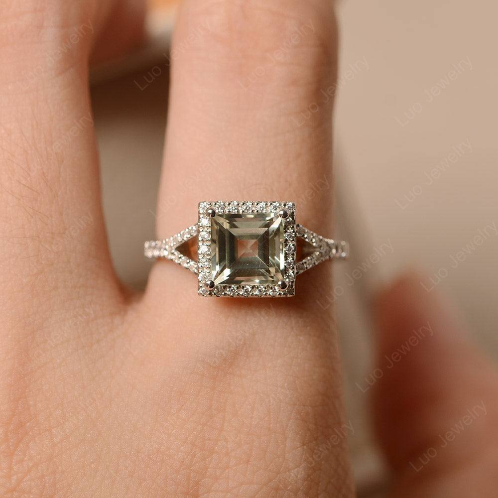 Square Cut Green Amethyst Ring Split Shank Halo Ring - LUO Jewelry
