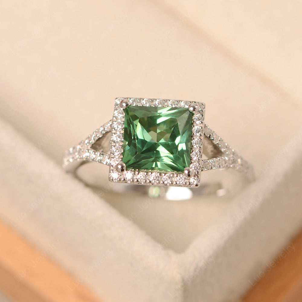 Princess Cut Green Sapphire Ring Split Shank Halo Ring - LUO Jewelry