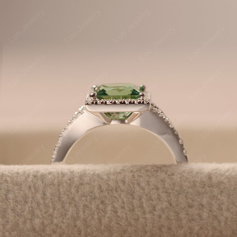 Princess Cut Green Sapphire Ring Split Shank Halo Ring - LUO Jewelry