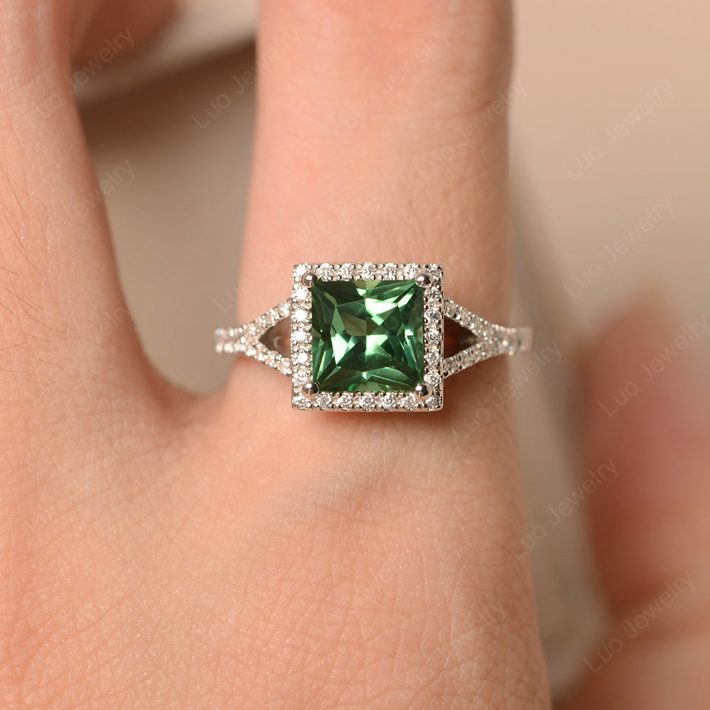 Princess Cut Green Sapphire Ring Split Shank Halo Ring - LUO Jewelry