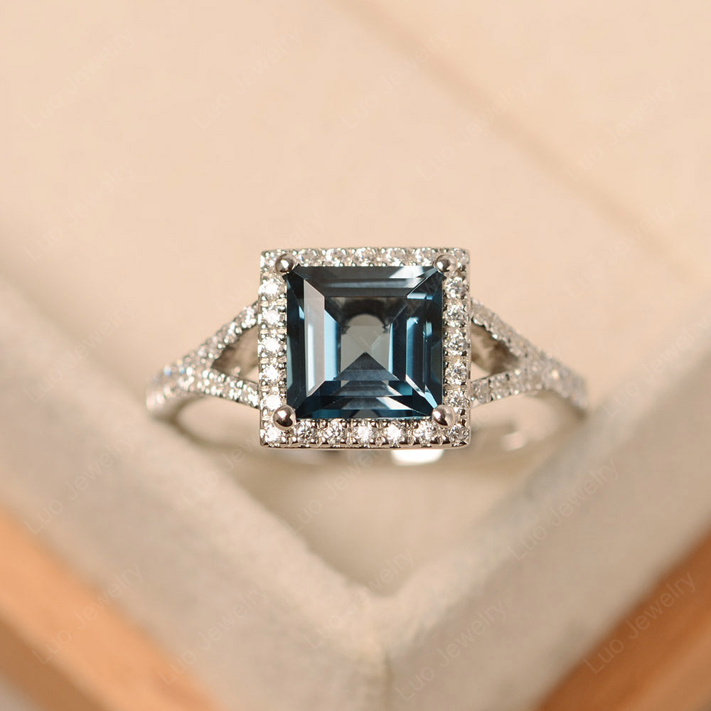 Princess Cut London Blue Topaz Ring Split Shank Halo Ring - LUO Jewelry