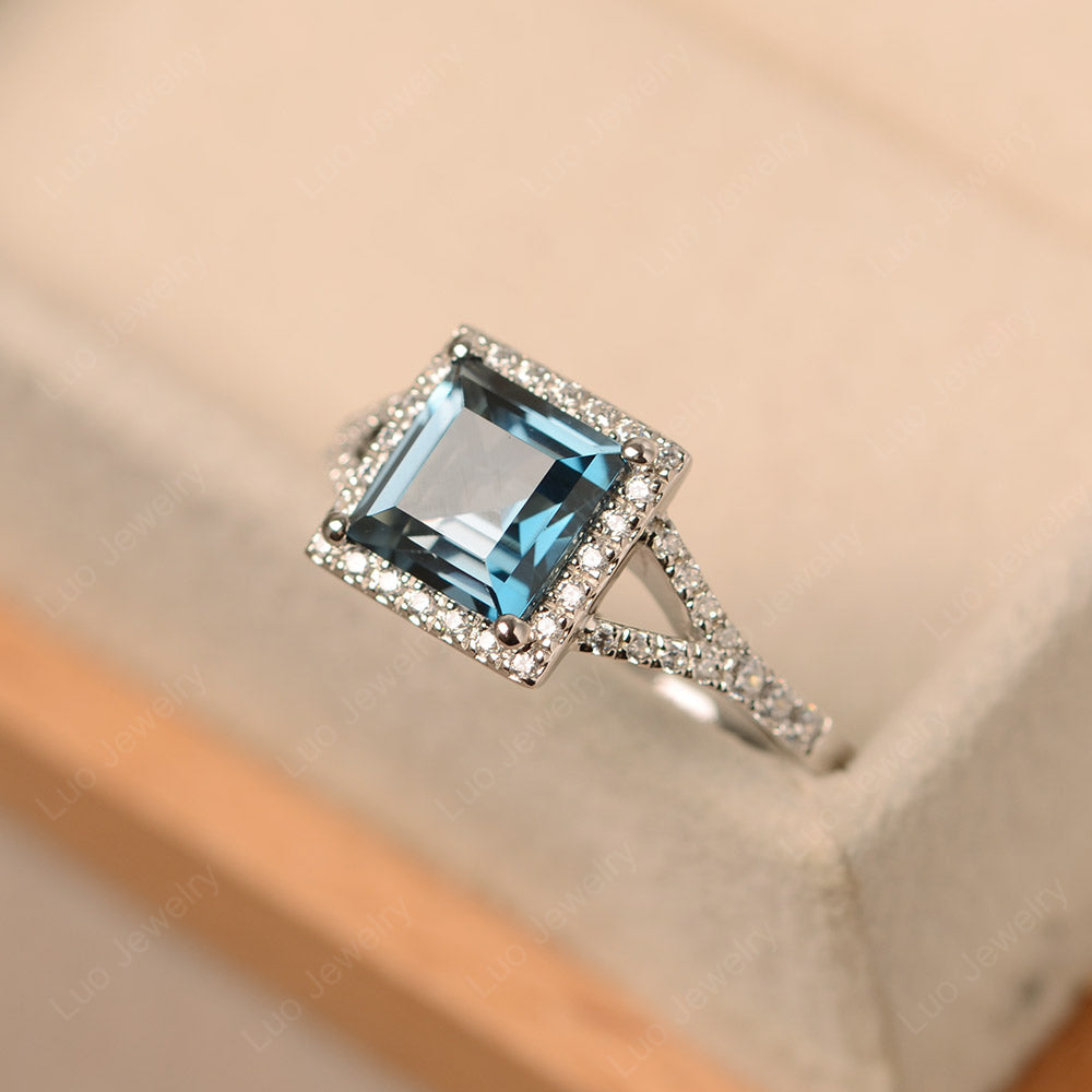 Princess Cut London Blue Topaz Ring Split Shank Halo Ring - LUO Jewelry