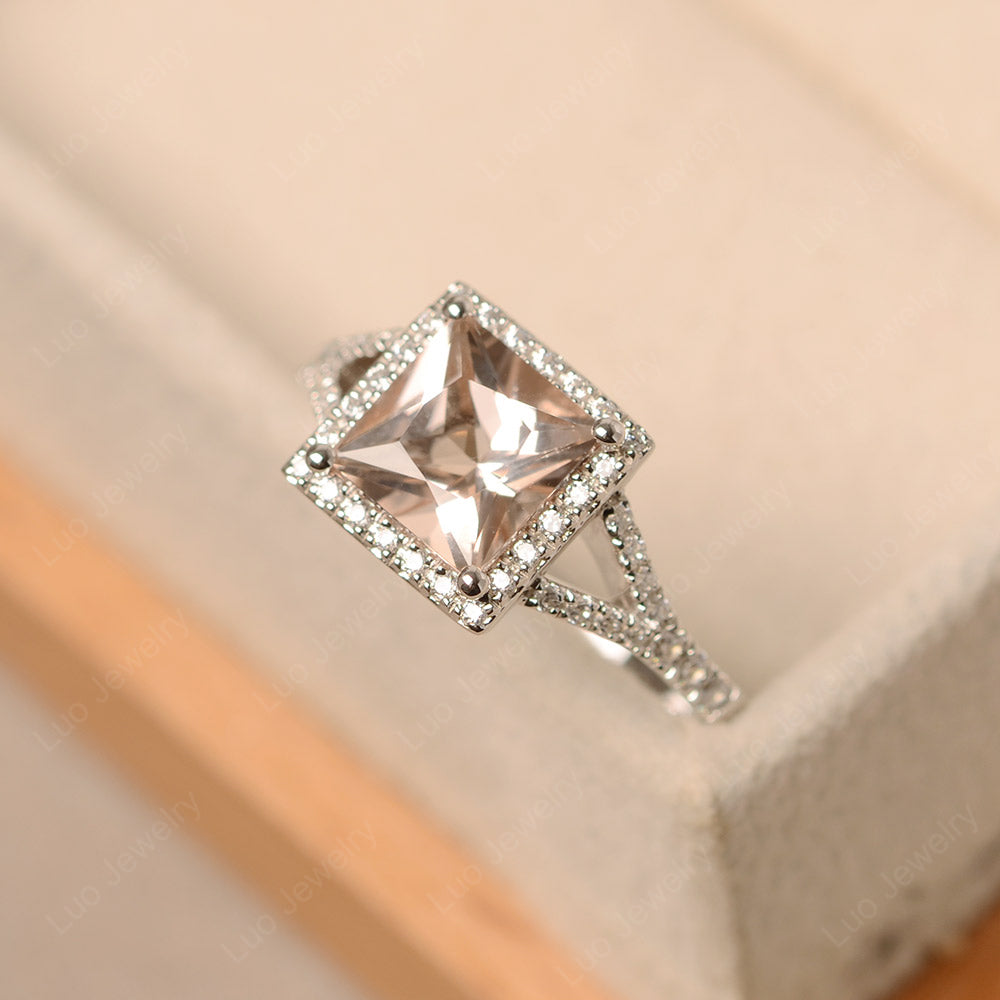 Princess Cut Morganite Ring Split Shank Halo Ring - LUO Jewelry