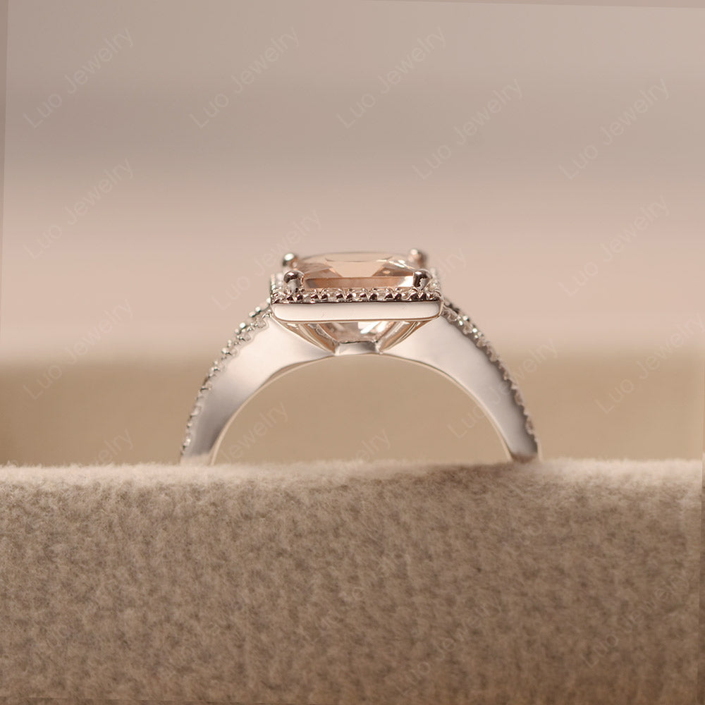 Princess Cut Morganite Ring Split Shank Halo Ring - LUO Jewelry
