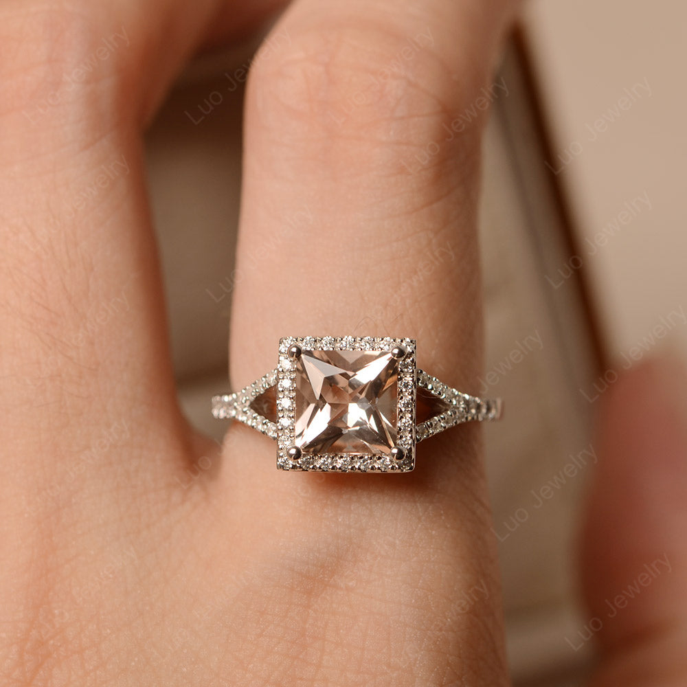 Princess Cut Morganite Ring Split Shank Halo Ring - LUO Jewelry