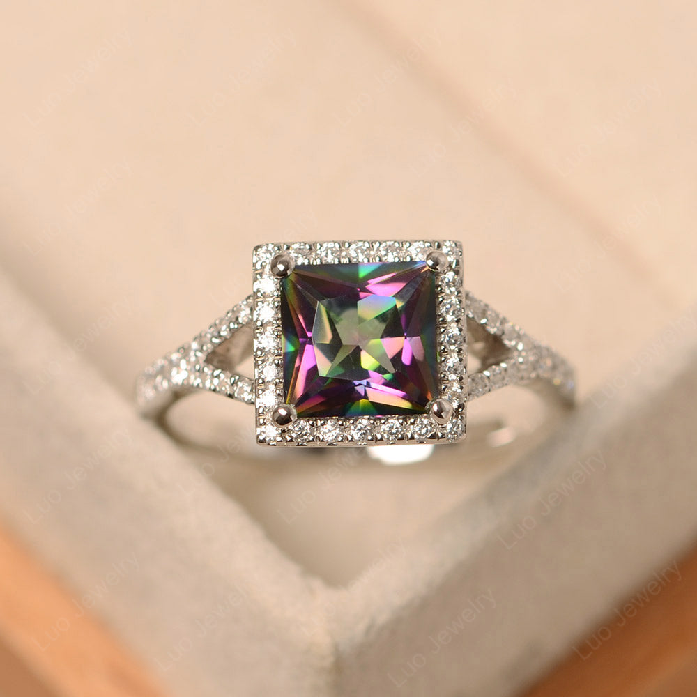 Princess Cut Mystic Topaz Ring Split Shank Halo Ring - LUO Jewelry