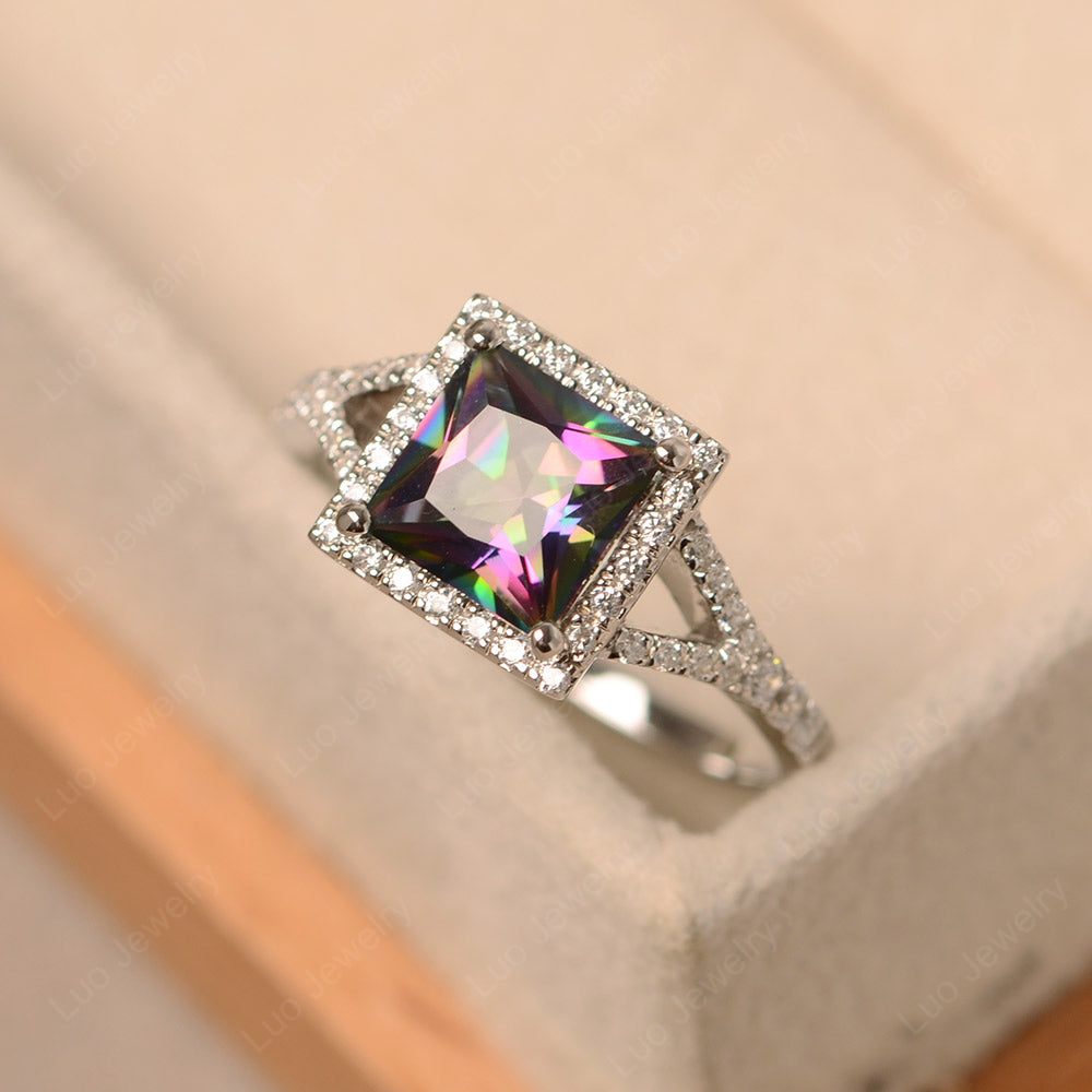 Princess Cut Mystic Topaz Ring Split Shank Halo Ring - LUO Jewelry