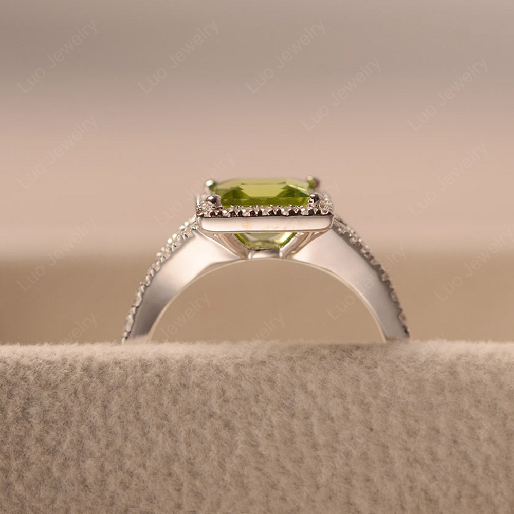 Square Cut Peridot Ring Split Shank Halo Ring - LUO Jewelry