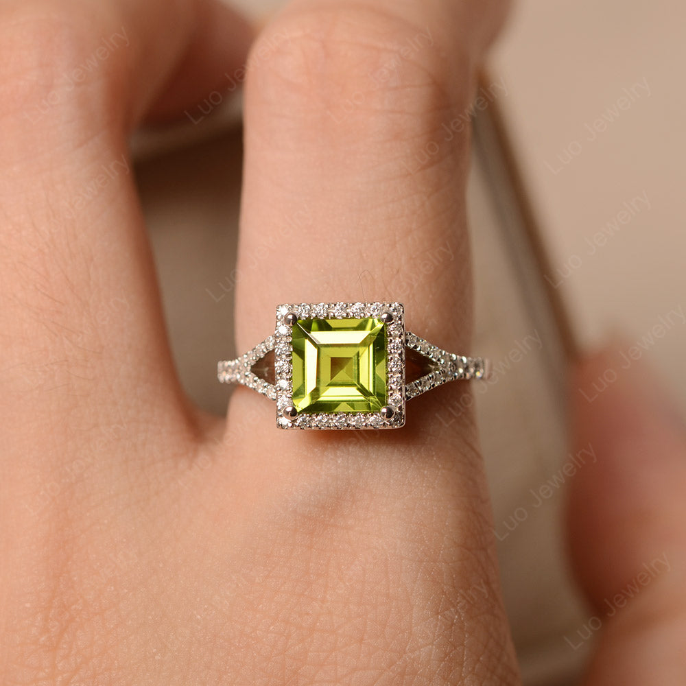 Square Cut Peridot Ring Split Shank Halo Ring - LUO Jewelry
