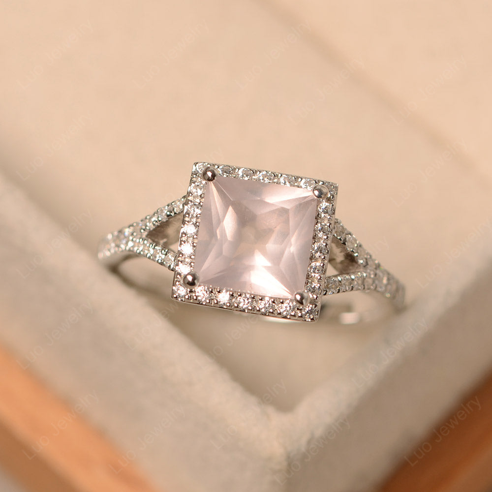 Princess Cut Rose Quartz Ring Split Shank Halo Ring - LUO Jewelry