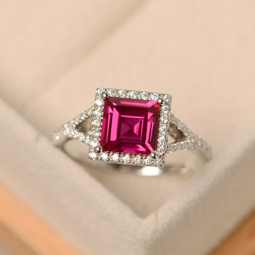 Square Cut Ruby Split Shank Halo Ring | LUO