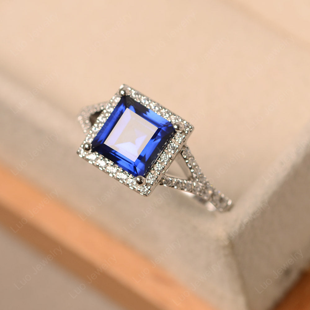Square Cut Lab Sapphire Ring Split Shank Halo Ring - LUO Jewelry