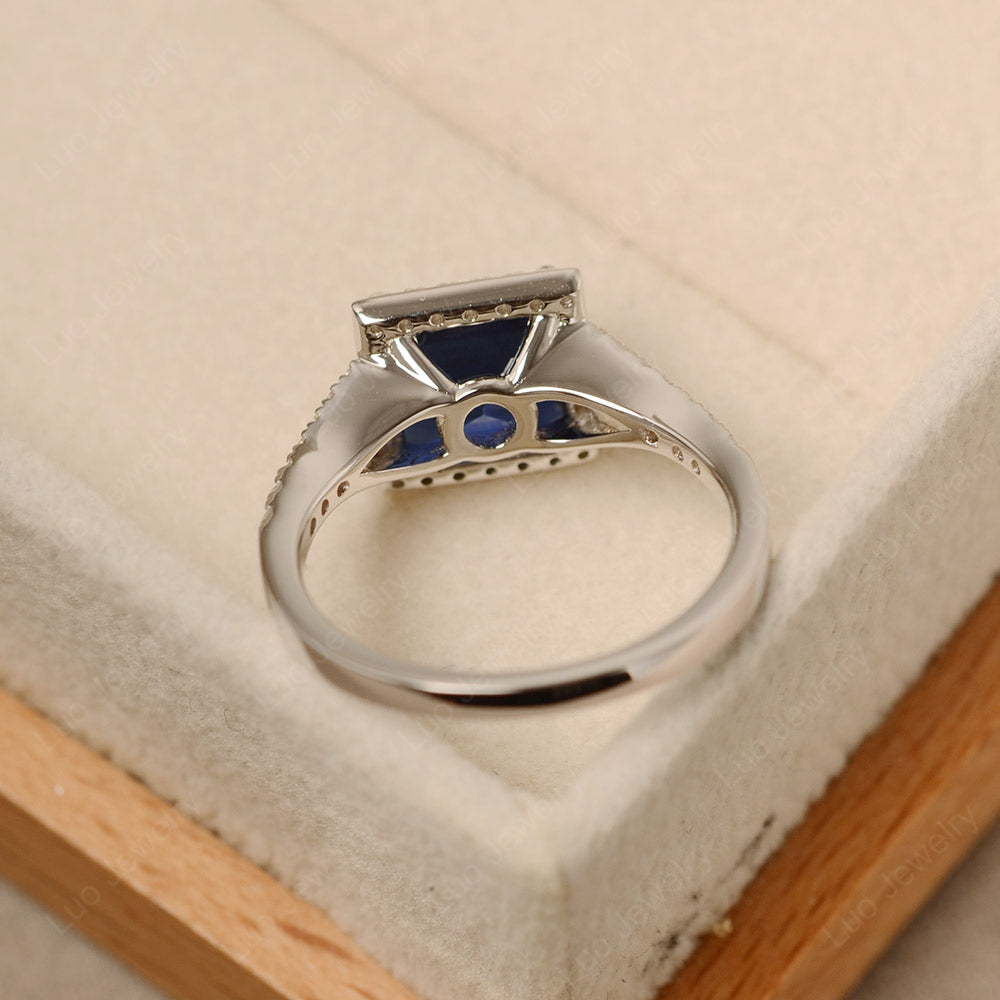 Square Cut Lab Sapphire Ring Split Shank Halo Ring - LUO Jewelry