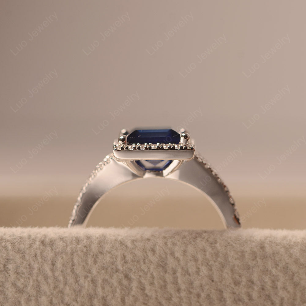 Square Cut Lab Sapphire Ring Split Shank Halo Ring - LUO Jewelry