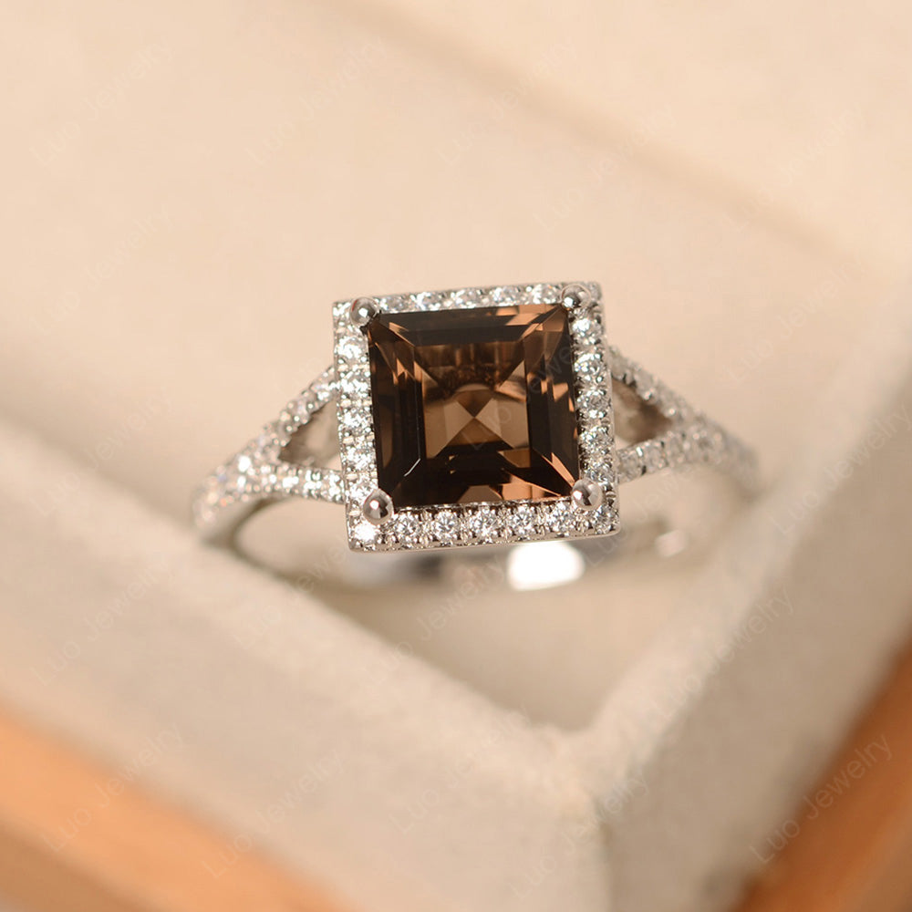 Princess Cut Smoky Quartz  Ring Split Shank Halo Ring - LUO Jewelry