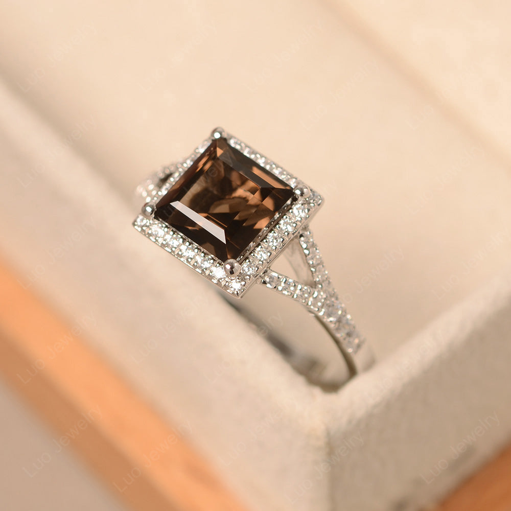 Princess Cut Smoky Quartz  Ring Split Shank Halo Ring - LUO Jewelry