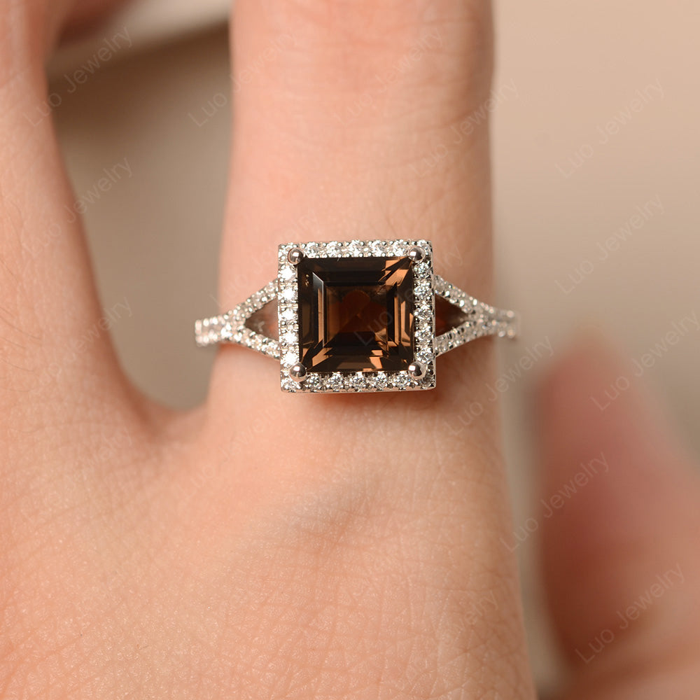 Princess Cut Smoky Quartz  Ring Split Shank Halo Ring - LUO Jewelry