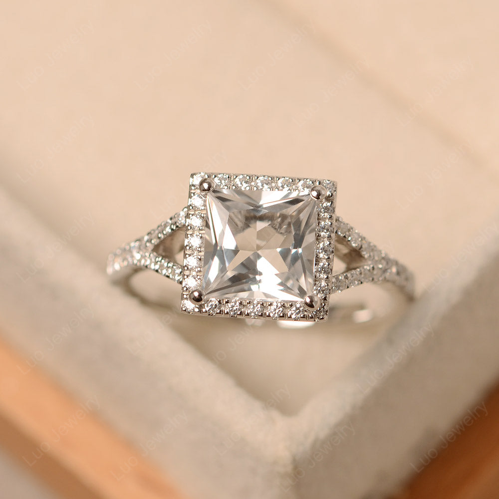 Princess Cut White Topaz Ring Split Shank Halo Ring - LUO Jewelry
