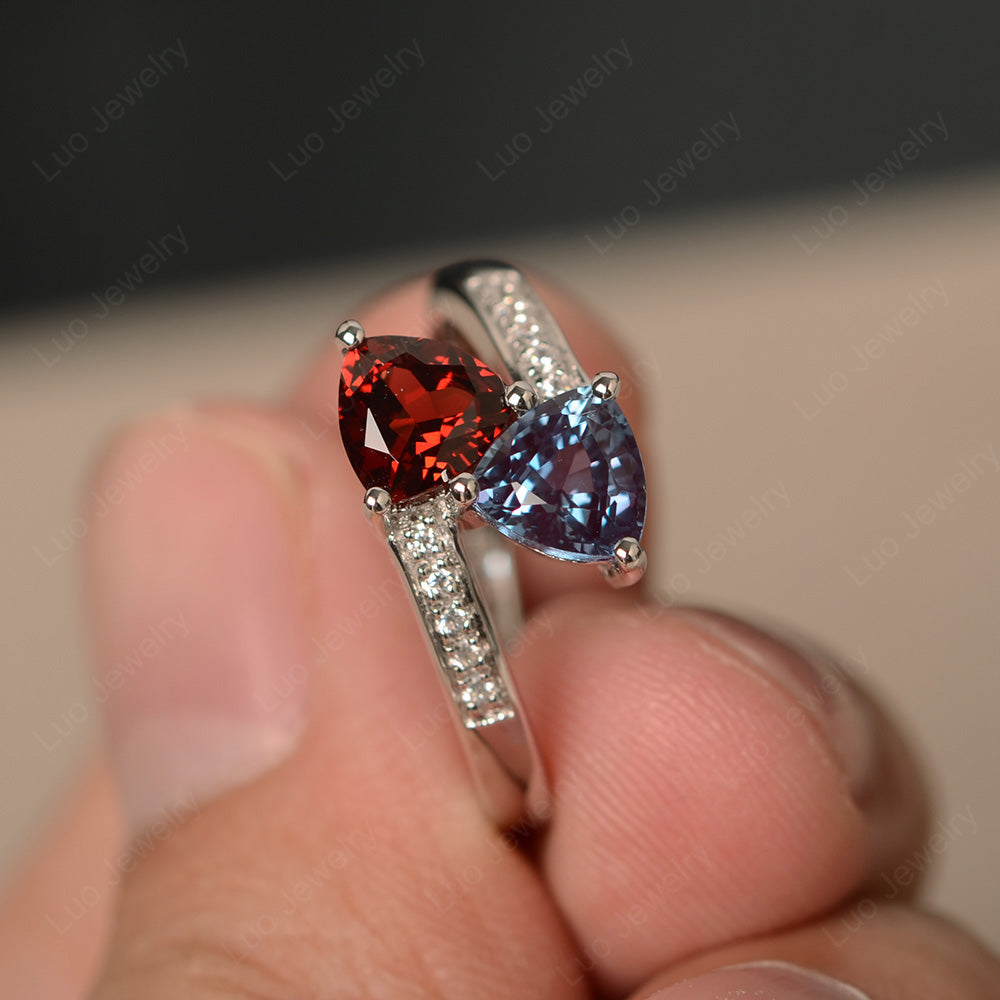 Two Stone Trillion Cut Garnet and Alexandrite Ring - LUO Jewelry