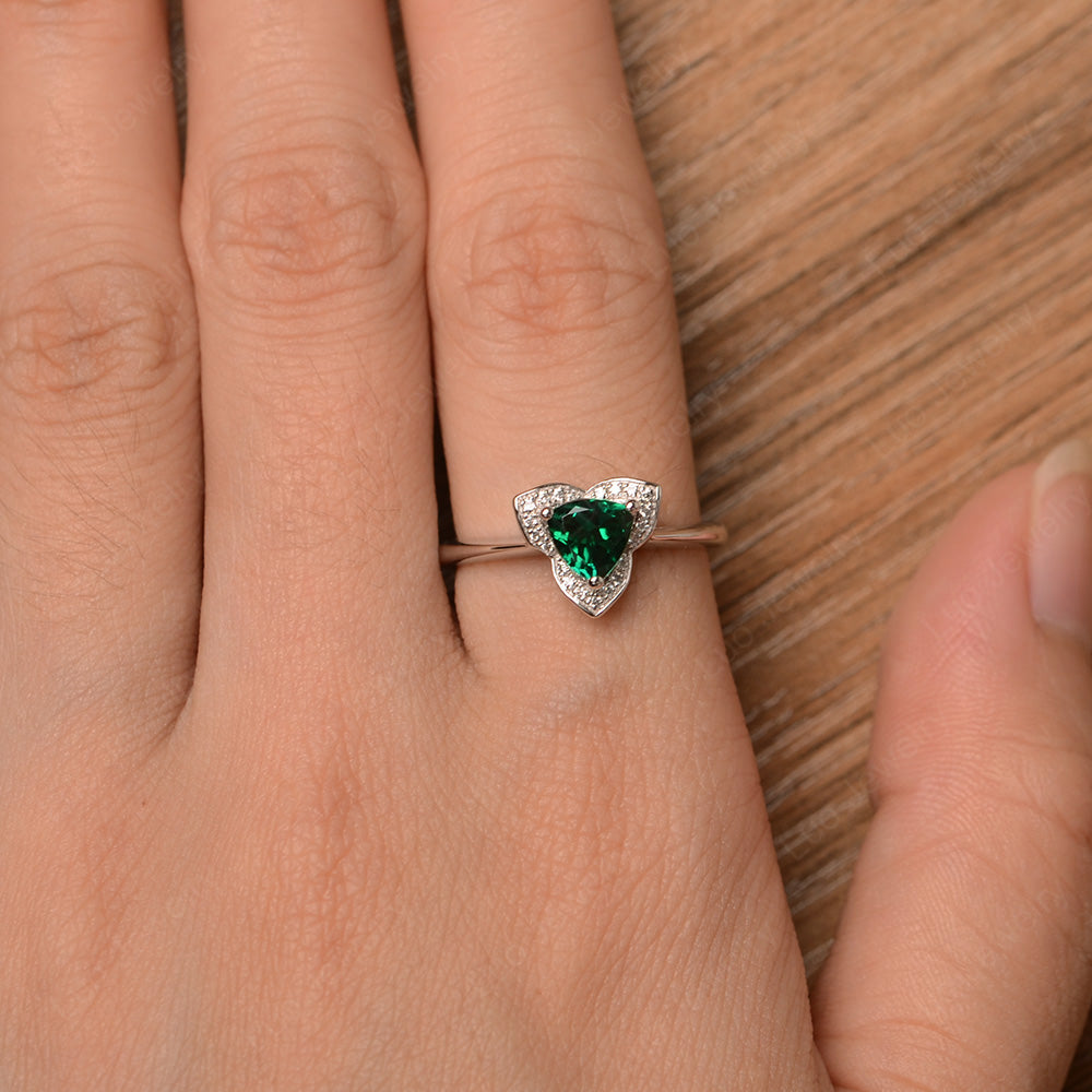Trillion Cut Lab Emerald Flower Wedding Ring - LUO Jewelry