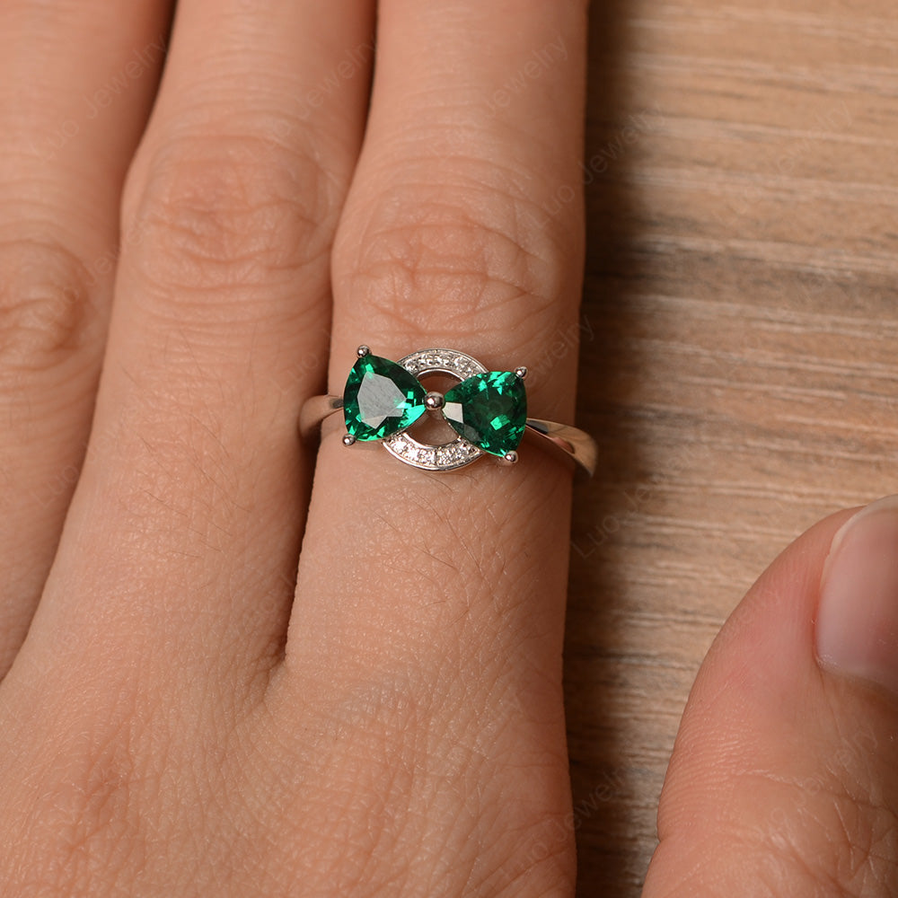 Trillion Cut Lab Emerald Ring 2 Stone Mothers Ring - LUO Jewelry