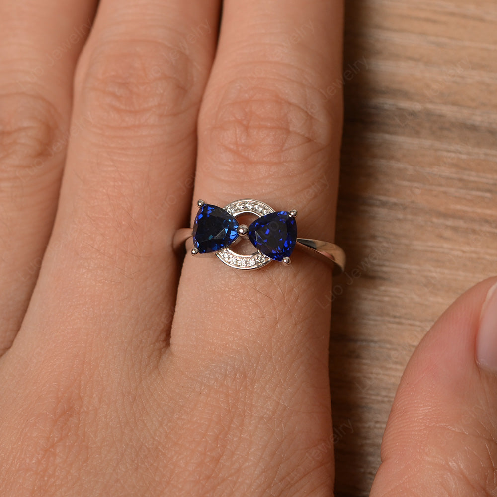 Trillion Cut Lab Sapphire Ring 2 Stone Mothers Ring - LUO Jewelry