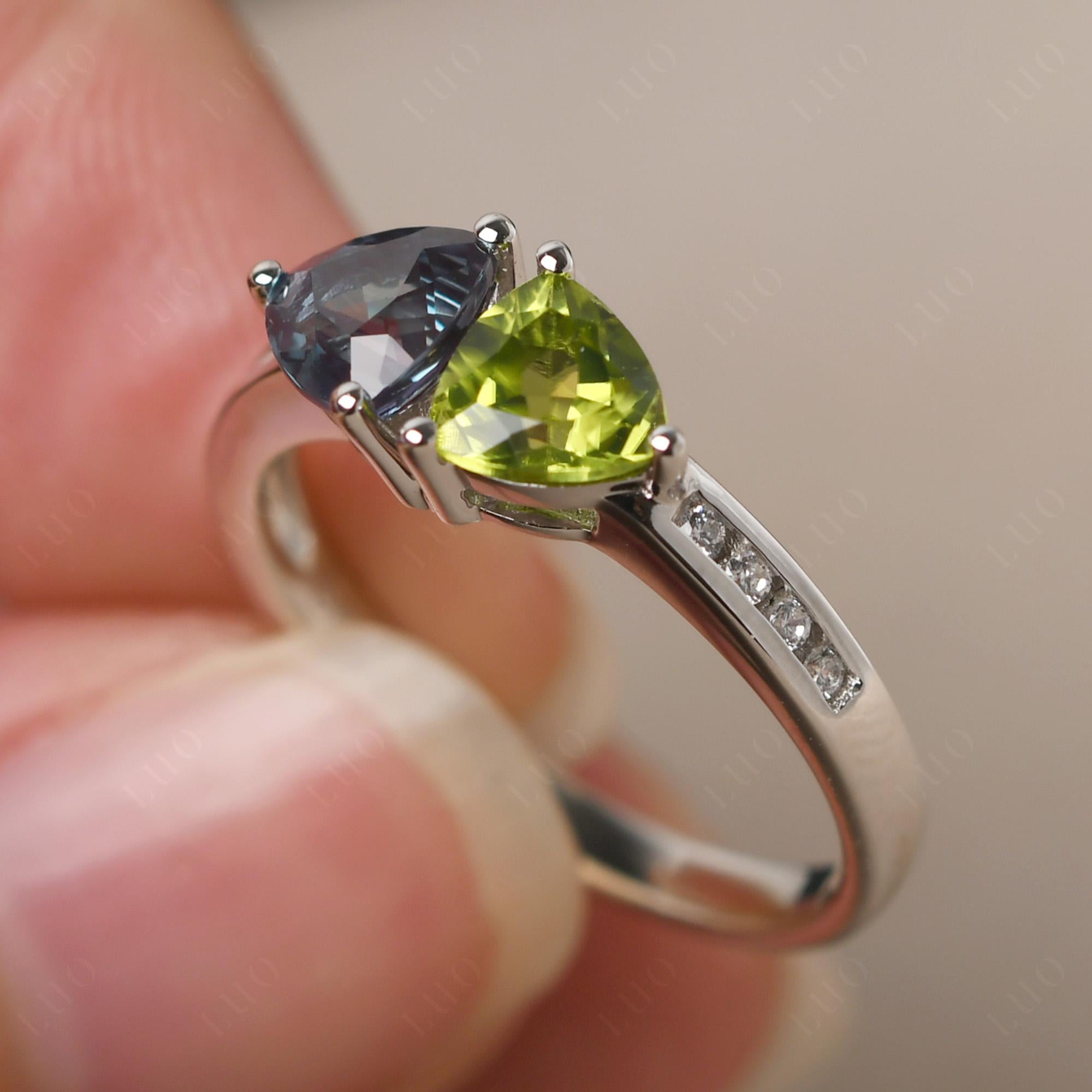 Trillion Cut Two Stone Lab Alexandrite and Peridot Ring - LUO Jewelry