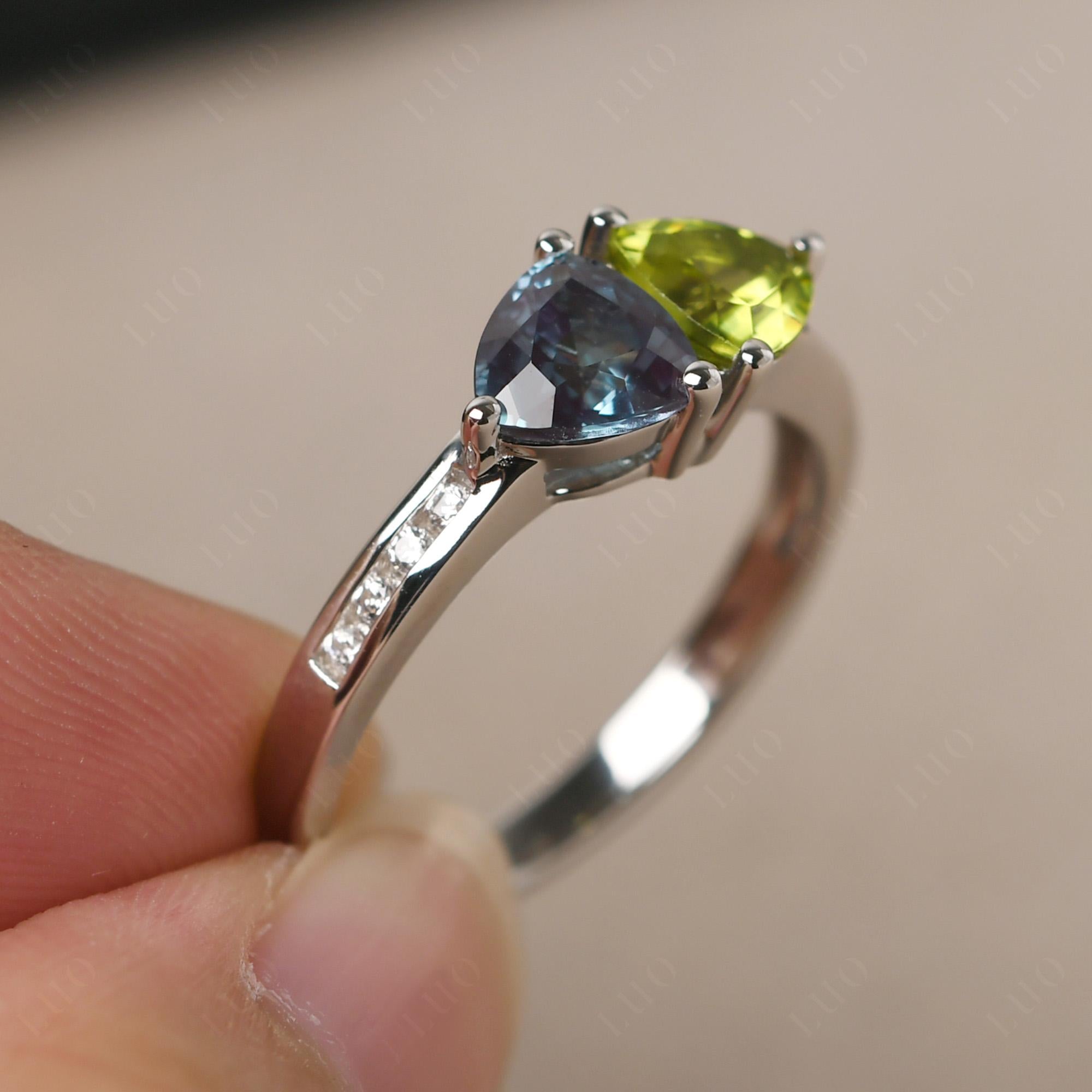 Trillion Cut Two Stone Lab Alexandrite and Peridot Ring - LUO Jewelry