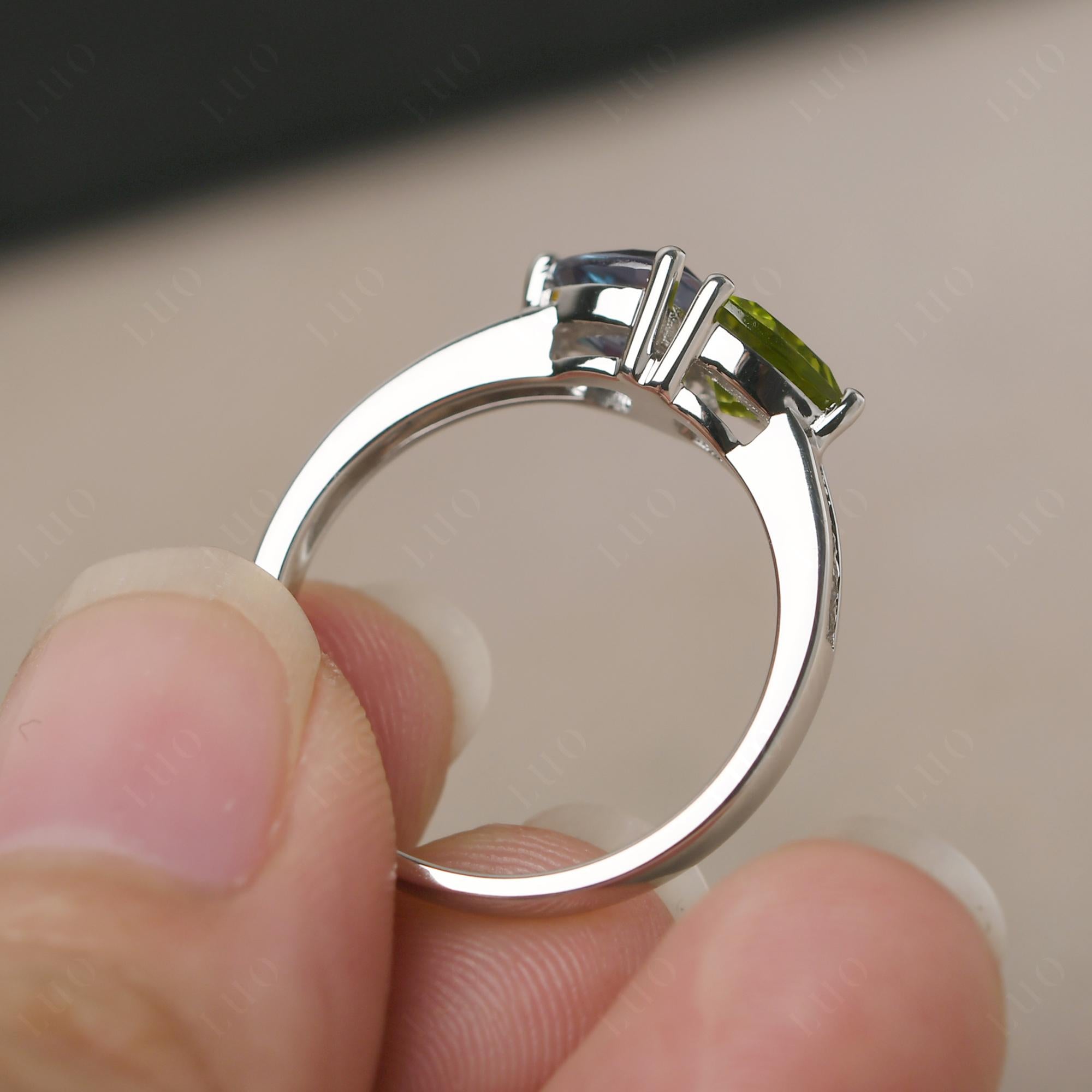 Trillion Cut Two Stone Lab Alexandrite and Peridot Ring - LUO Jewelry