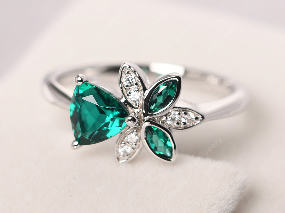 Trillion Cut Emerald Flower Ring - LUO Jewelry