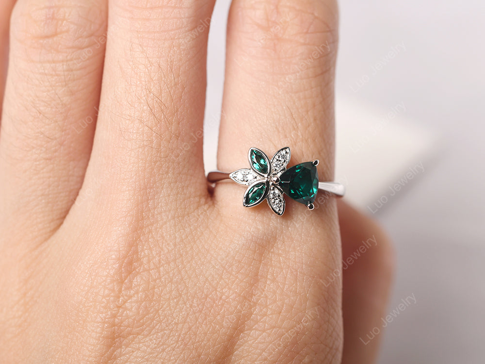 Trillion Cut Emerald Flower Ring - LUO Jewelry