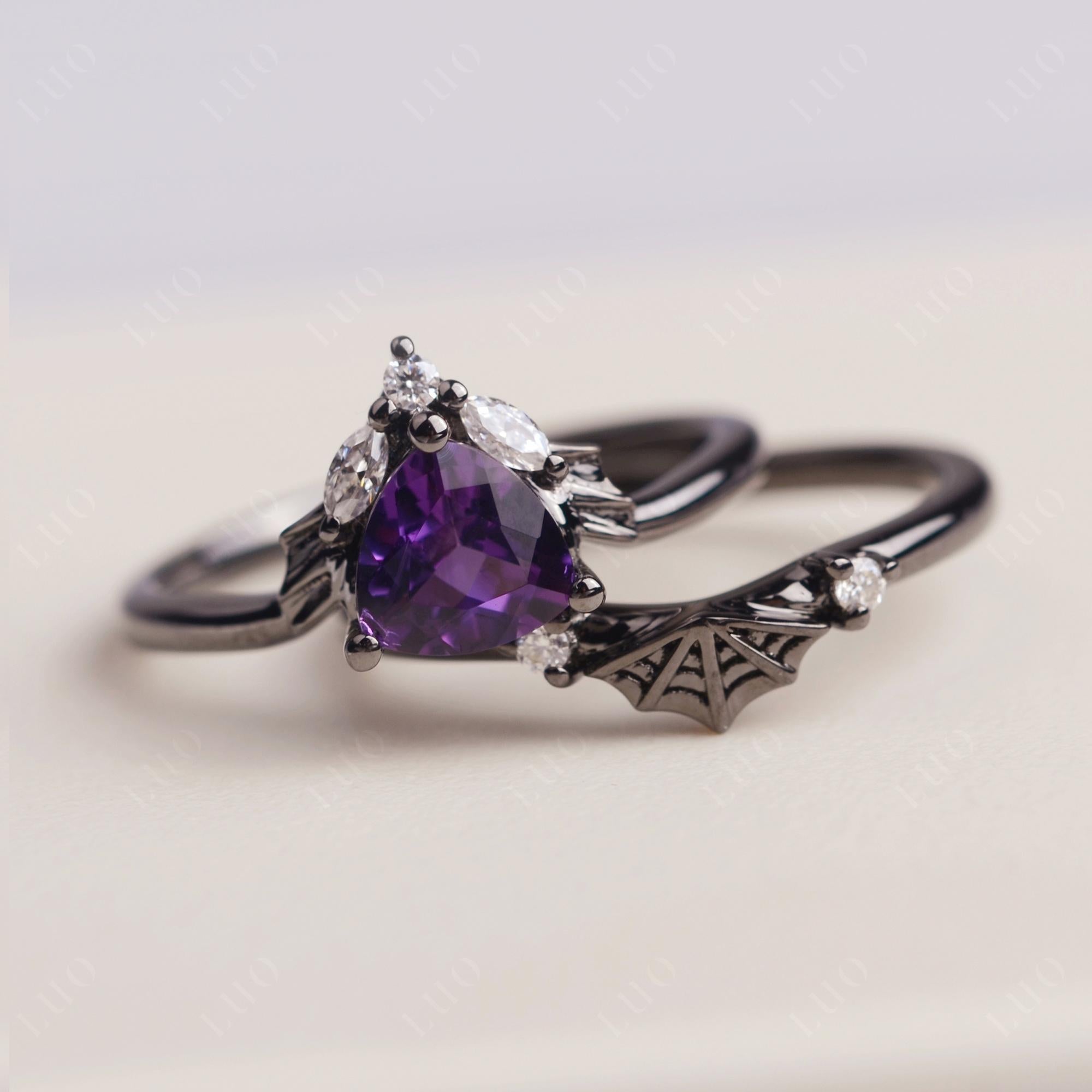 Bat and Spider Web Amethyst Ring Set - LUO Jewelry