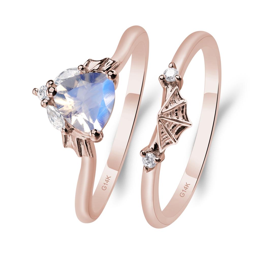 Bat and Spider Web Moonstone Ring Set - LUO Jewelry #metal_14k rose gold