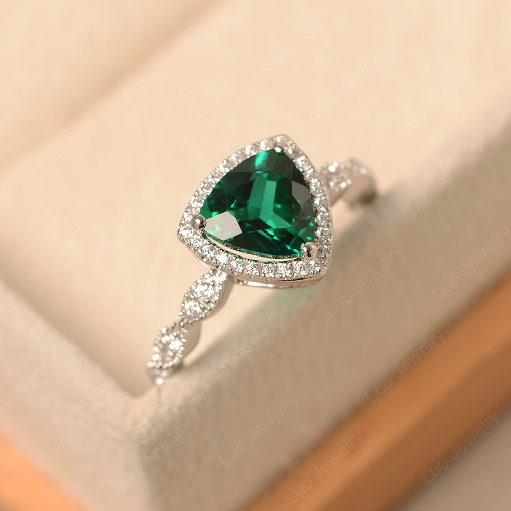 Trillion Cut Lab Emerald Cocktail Halo Ring - LUO Jewelry