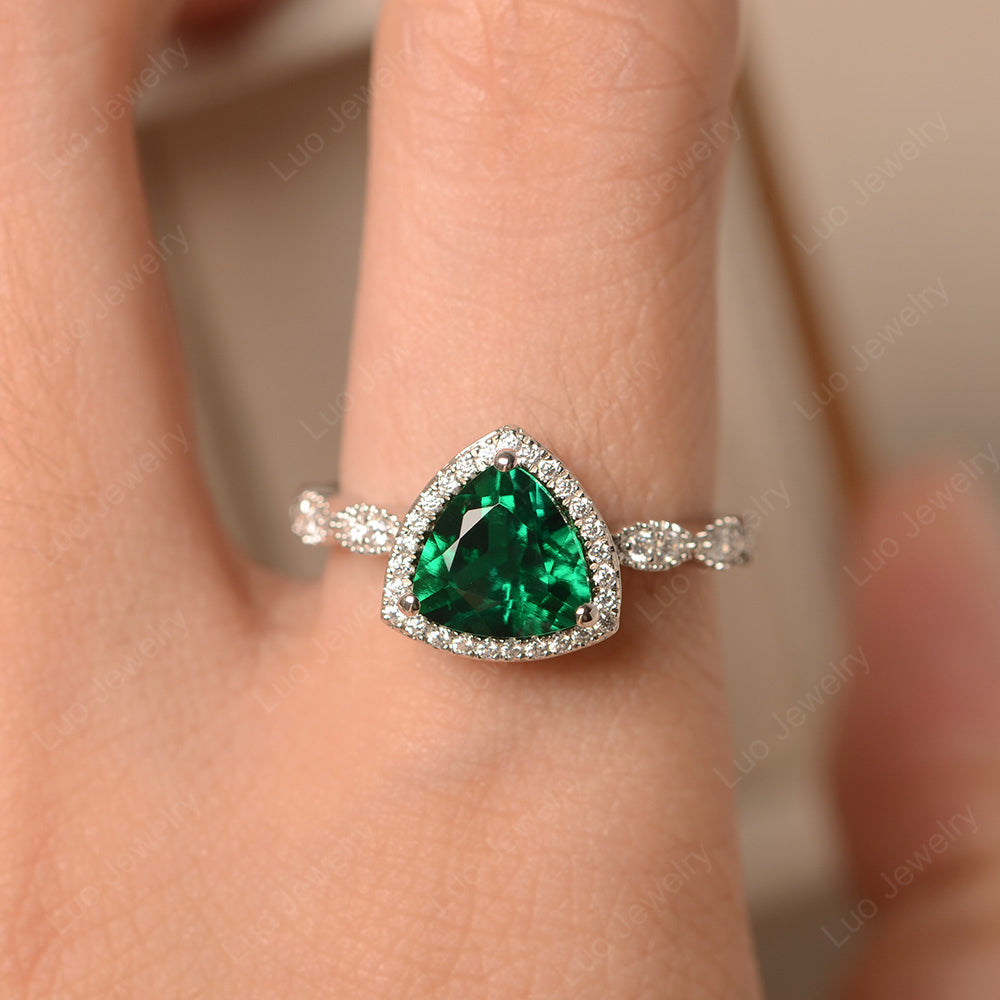 Trillion Cut Lab Emerald Cocktail Halo Ring - LUO Jewelry
