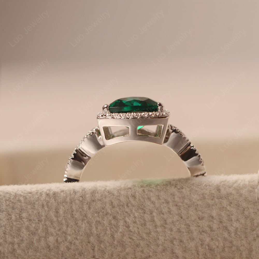 Trillion Cut Lab Emerald Cocktail Halo Ring - LUO Jewelry