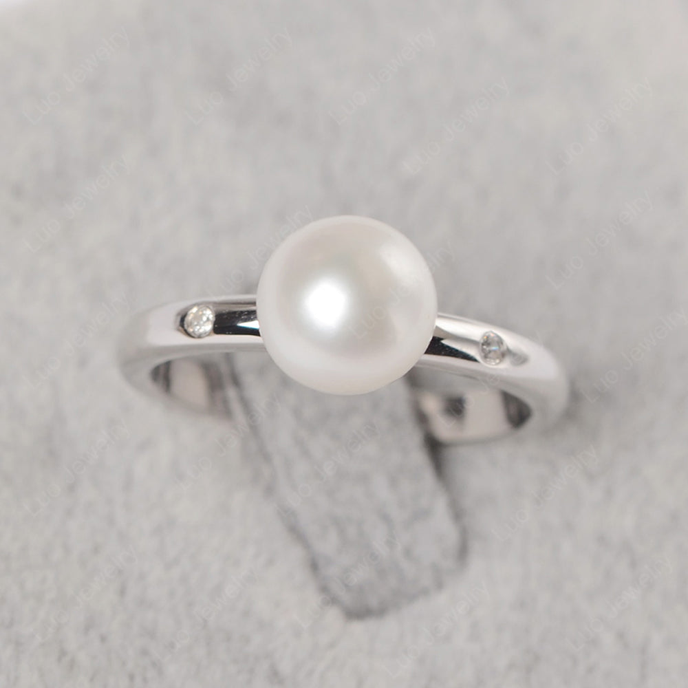 White Pearl Engagement Ring White Gold - LUO Jewelry