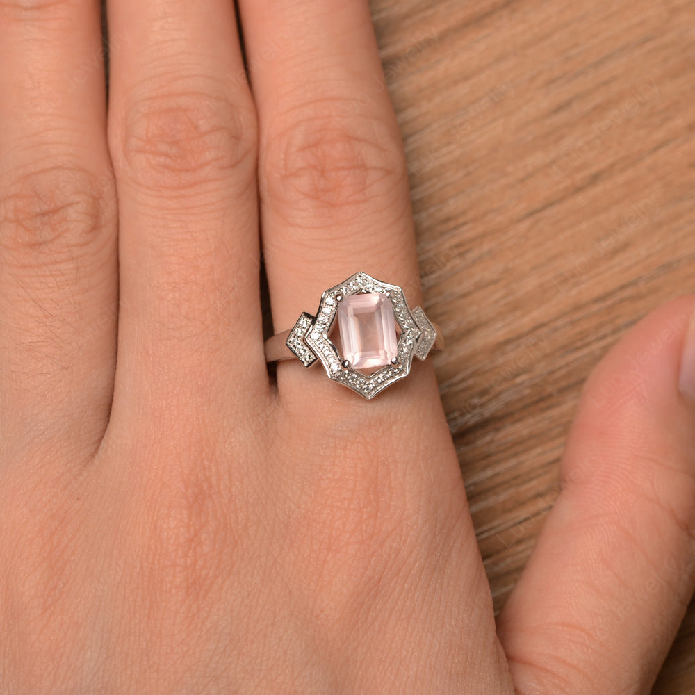 Emerald Cut Rose Quartz Cocktail Ring White Gold - LUO Jewelry
