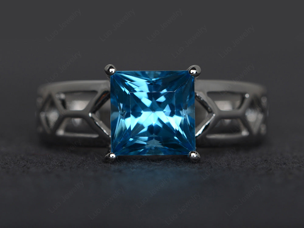 Swiss Blue Topaz Solitaire Ring Wide Band Silver - LUO Jewelry