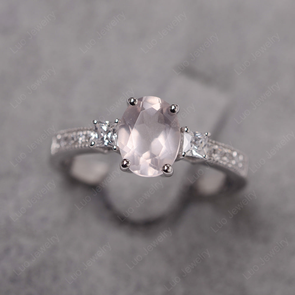 Rose Quartz Oval Cut Engagement Ring Silver - LUO Jewelry
