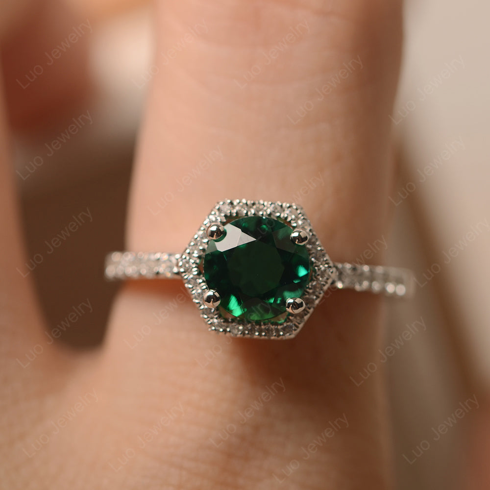 Lab Emerald Halo Hexagon Setting Engagement Ring - LUO Jewelry